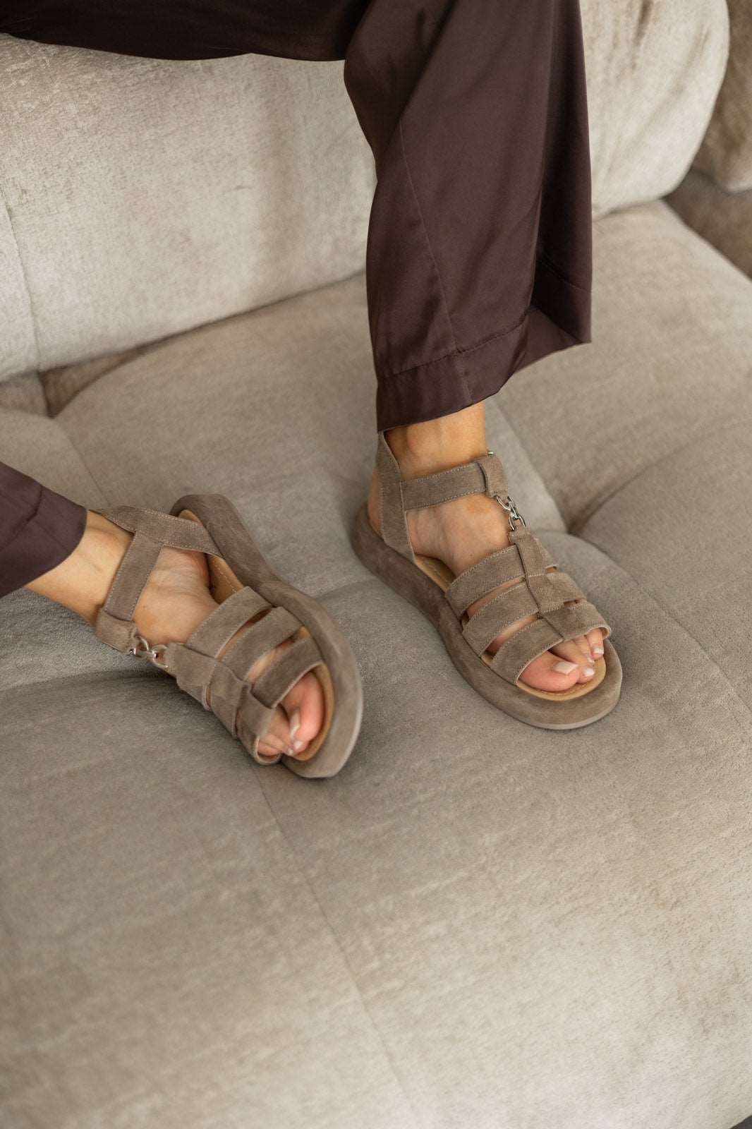 very light and comfortable sandals made of natural suede in mocha color